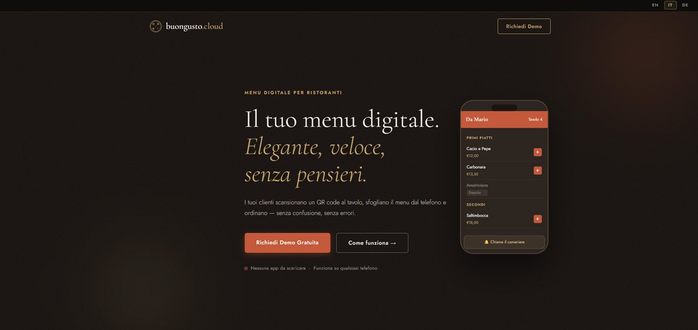 Buongusto.cloud: landing page SaaS per ristoranti, progetto di Silas Ireri