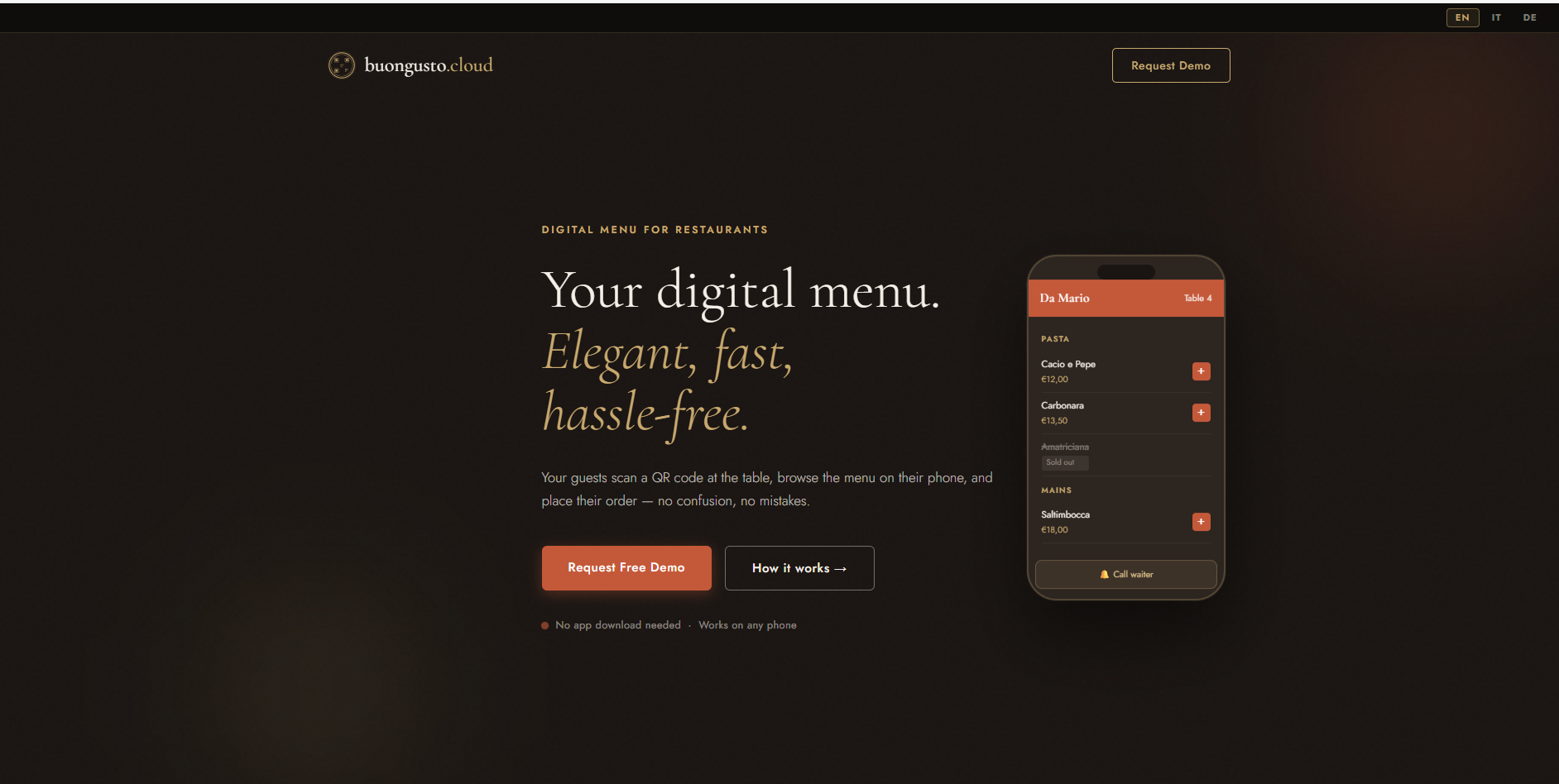 Buongusto.cloud SaaS landing page screenshot — built by Silas Ireri