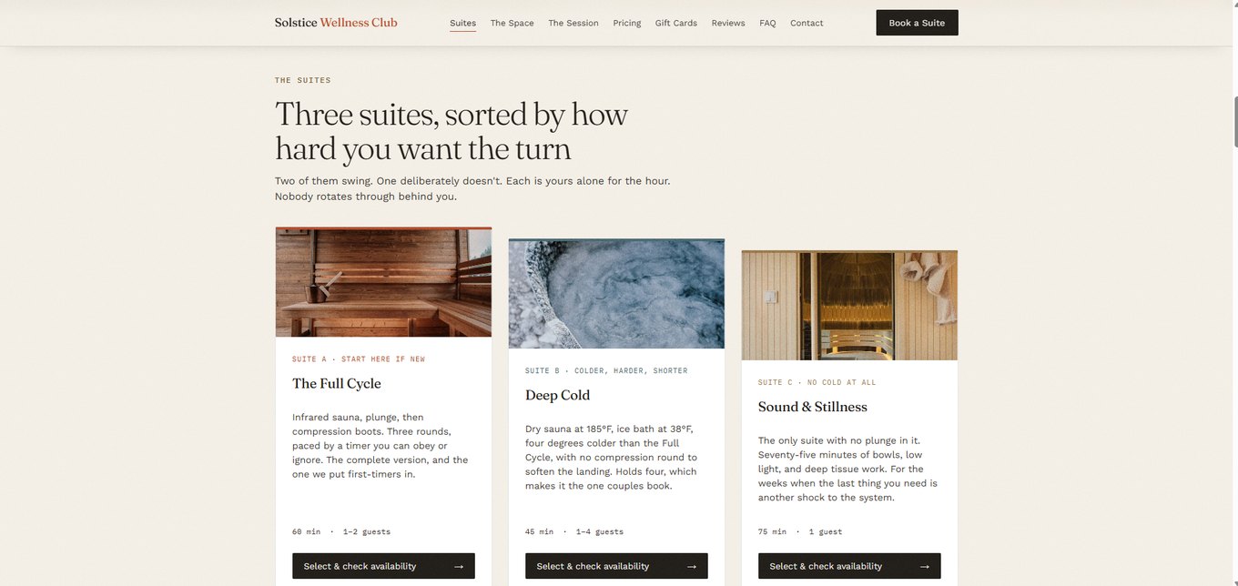 Solstice Wellness Club: landing page di prenotazione per una spa a Palm Springs, progettata e realizzata da Silas Ireri